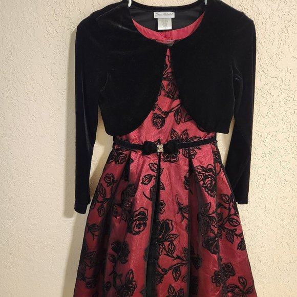 Jona Michelle Other - Jona Michelle Floral Dress size 12 Polyester Wide Strap Velvet Flocked Red Black